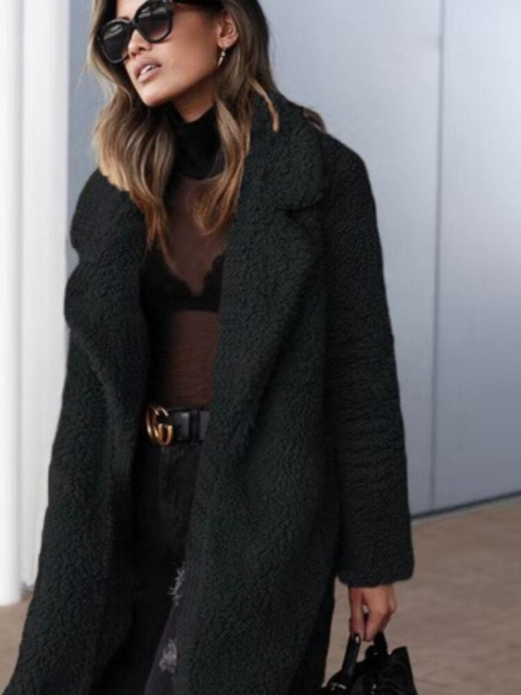 Women's Long Oversized Winter Teddy Coat with Lapel Collar
