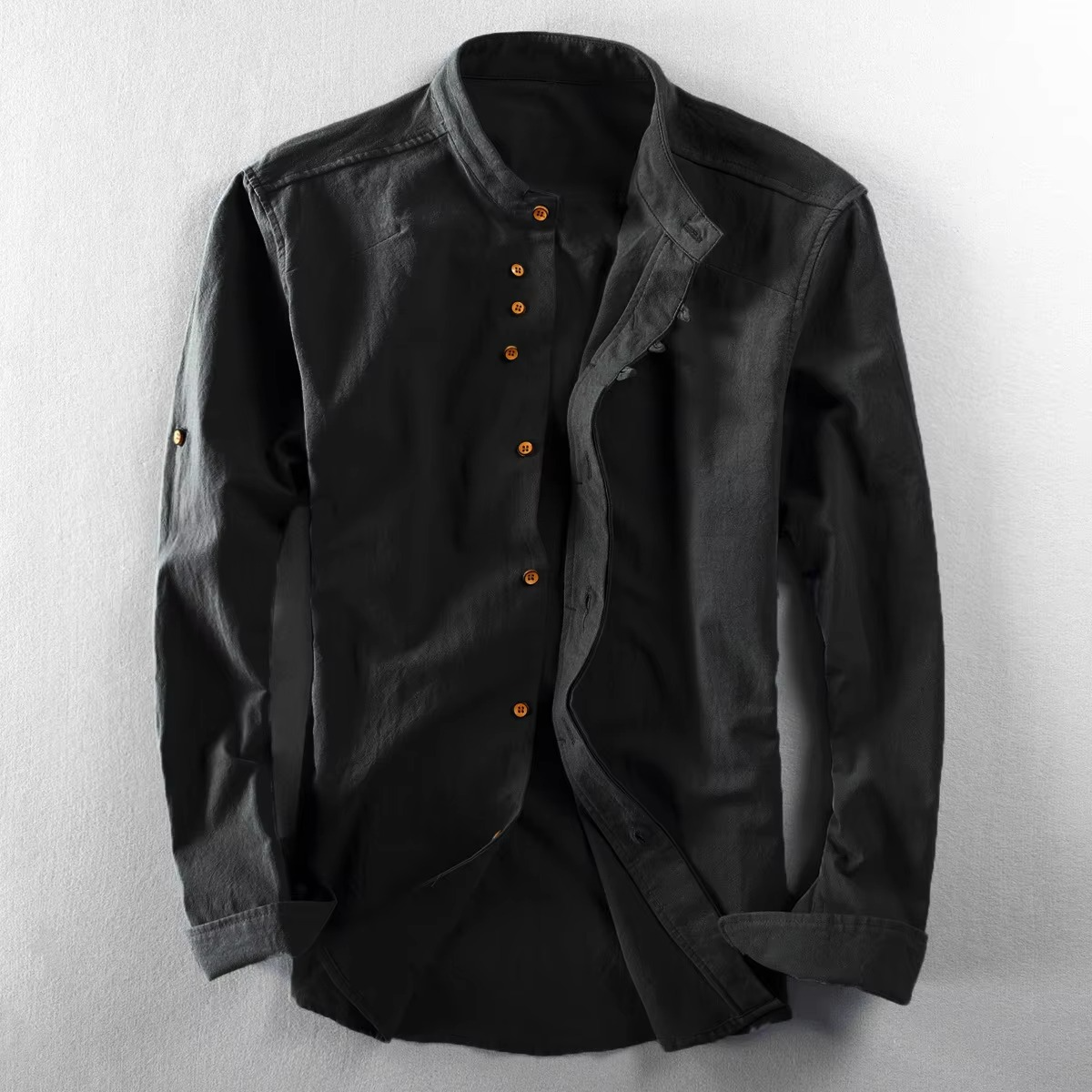 TrendAura Men's Cotton Linen Stand Collar Shirt Retro Chinese Style Long Sleeve Top Sizes M Through 7XL