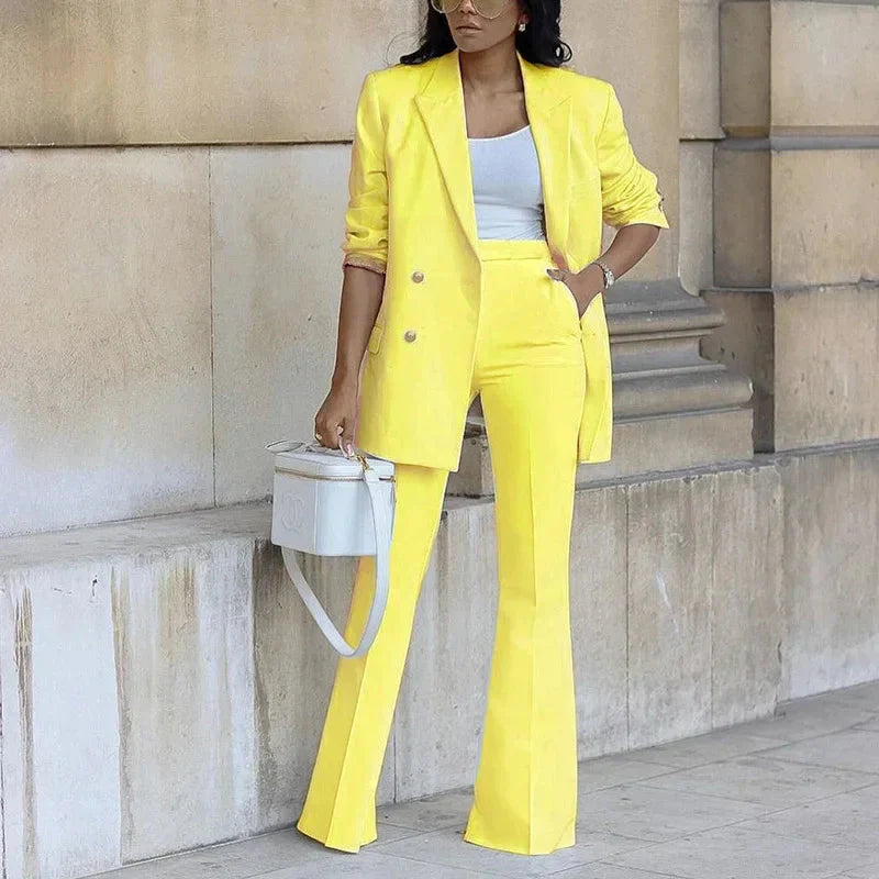 Tailored Double-Breasted Long Blazer and Flared Trousers Set for Women – Elegant Formal Style