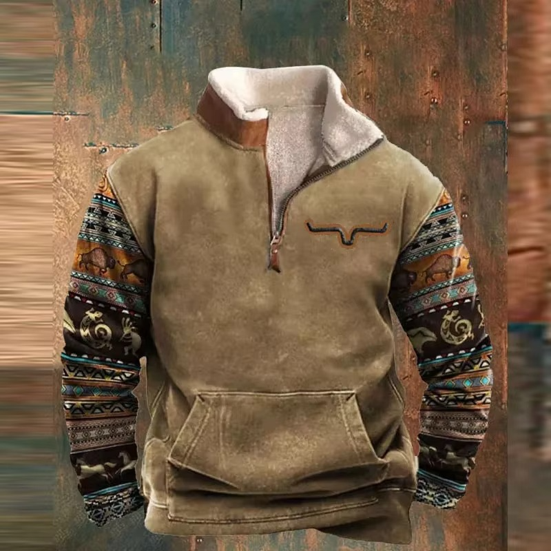 Men's Retro 3D Printed Hooded Jacket With Leather Collar And Zipper Closure For Cold Weather