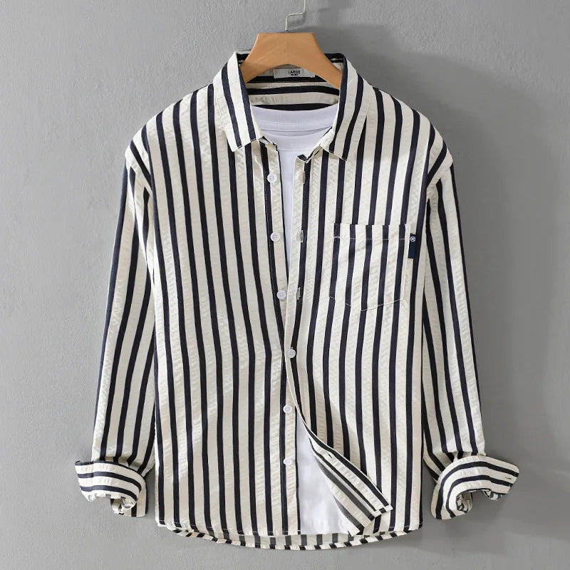 TrendAura Men's Striped Long Sleeve Shirt With Chest Pocket Button Closure Casual Dress Shirt