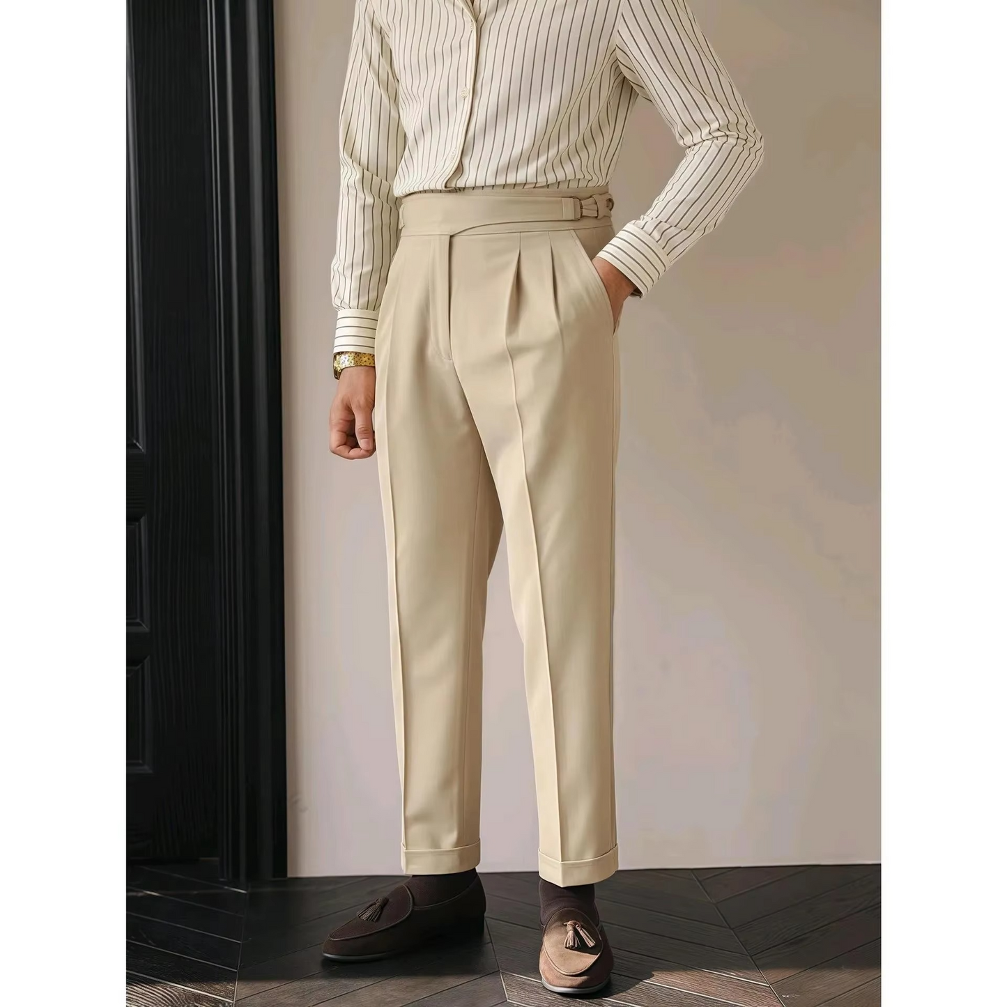 Paris Buckle Men's High Waist Slim Fit Trousers With Pleats Vintage British Business Casual