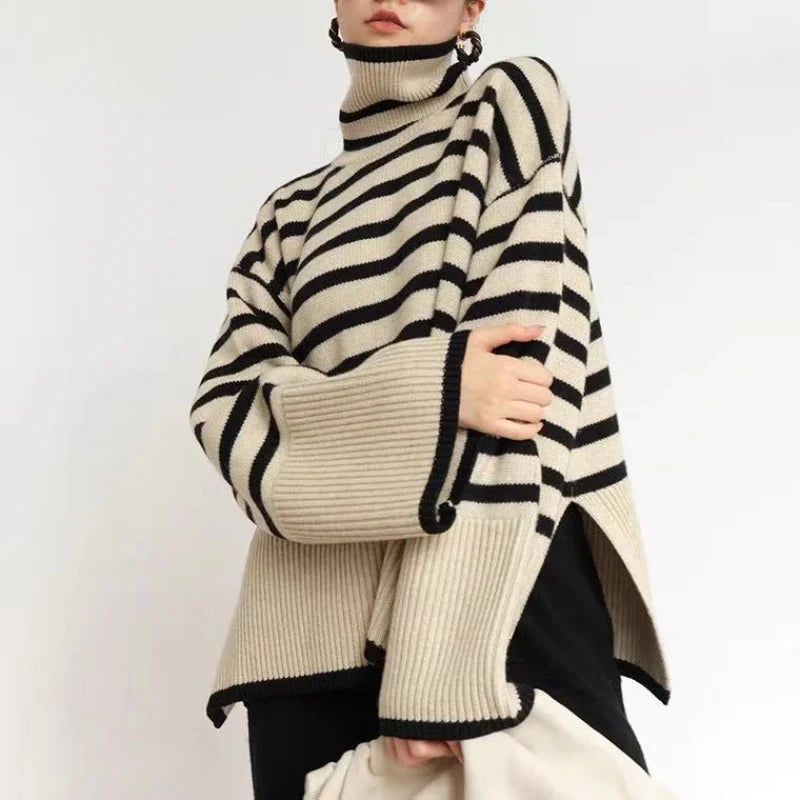 Women’s Turtleneck Knit Top – Oversized Fit – Ribbed Texture – Striped Pullover