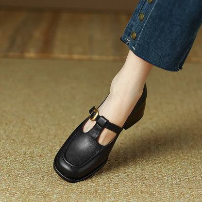 Women's T-Strap Low Block Heel Shoes with Square Toe and Adjustable Strap