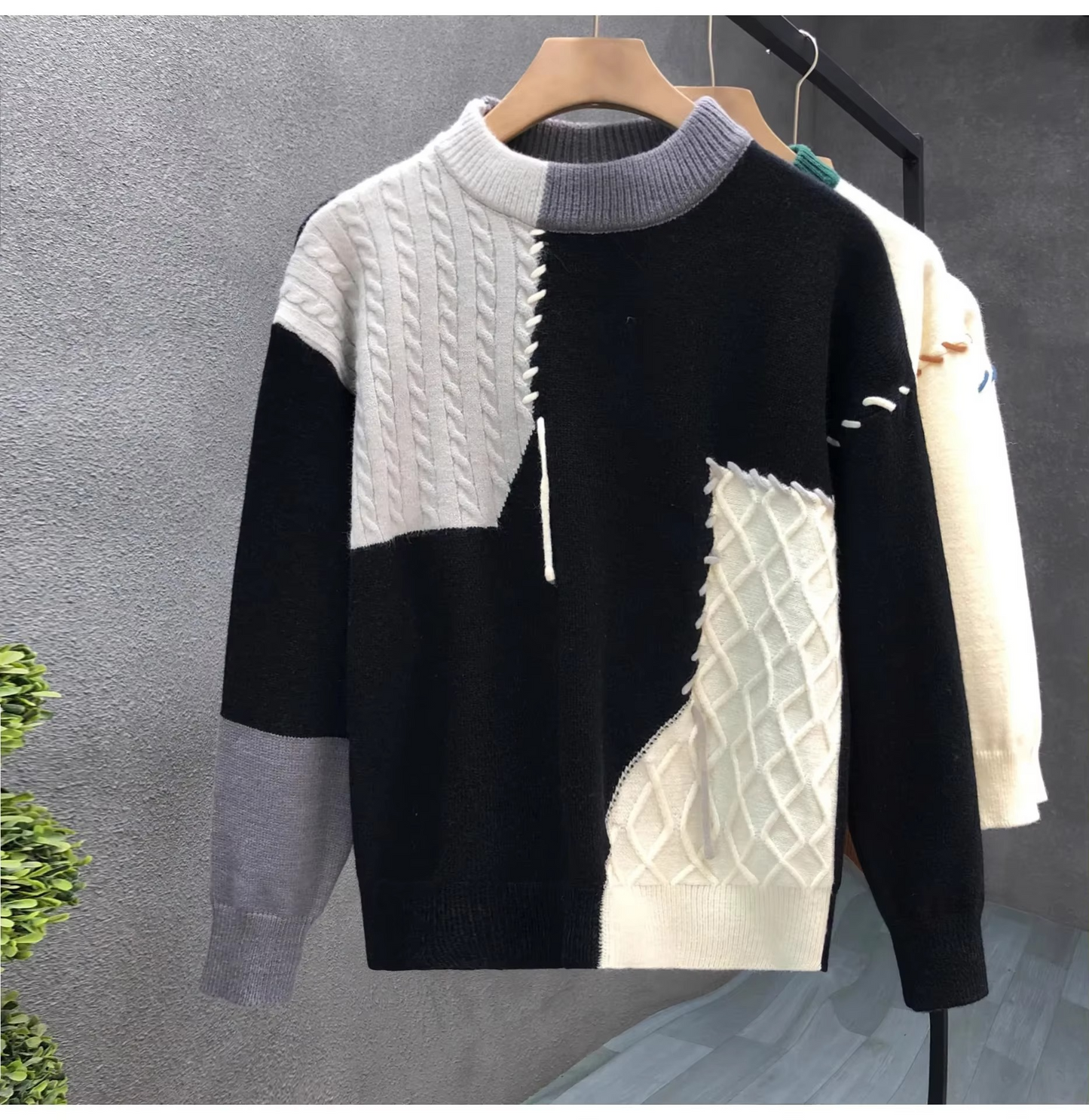 Men's Patchwork Knit Sweater Streetwear Pullover For Fall And Winter Warmth And Style