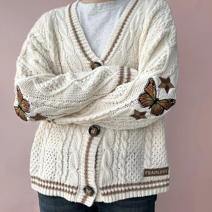 Autumn Red Maple Leaf Embroidered Knit Cardigan for Women