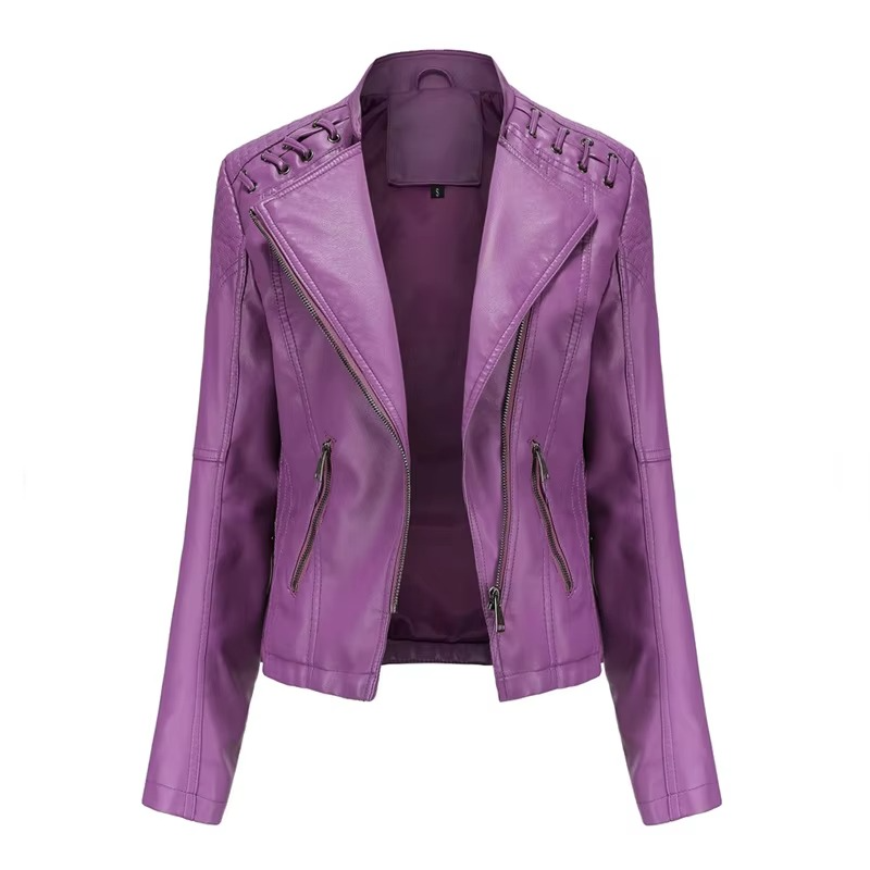 Women's PU Leather Motorcycle Jacket – Short Slim Fit, Zipper-Up, 12 Colors