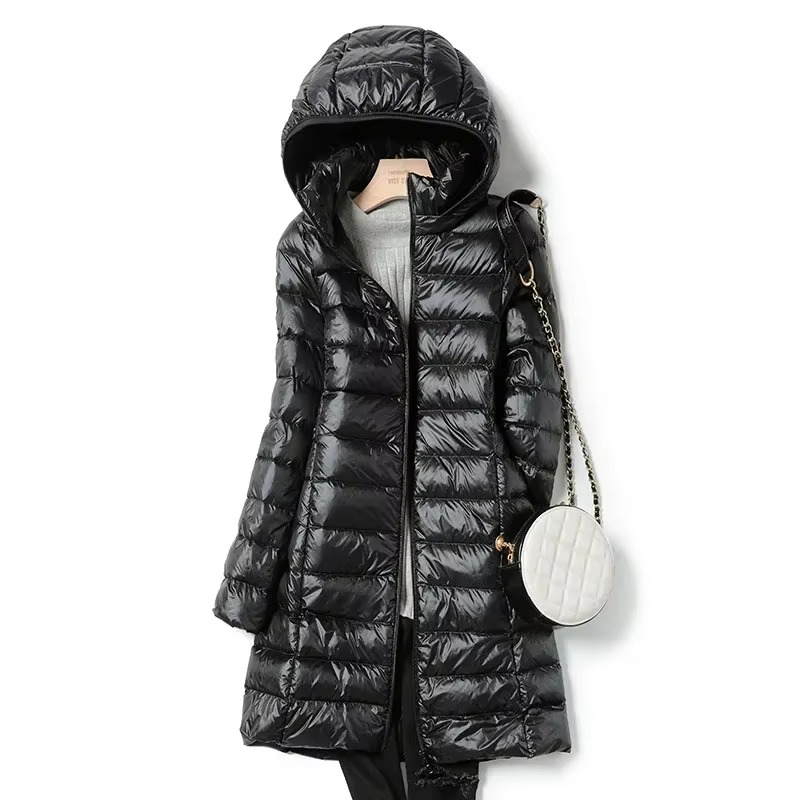 Women’s Lightweight Long Hooded Down Parka – Slim Fit, Warm, and Stylish