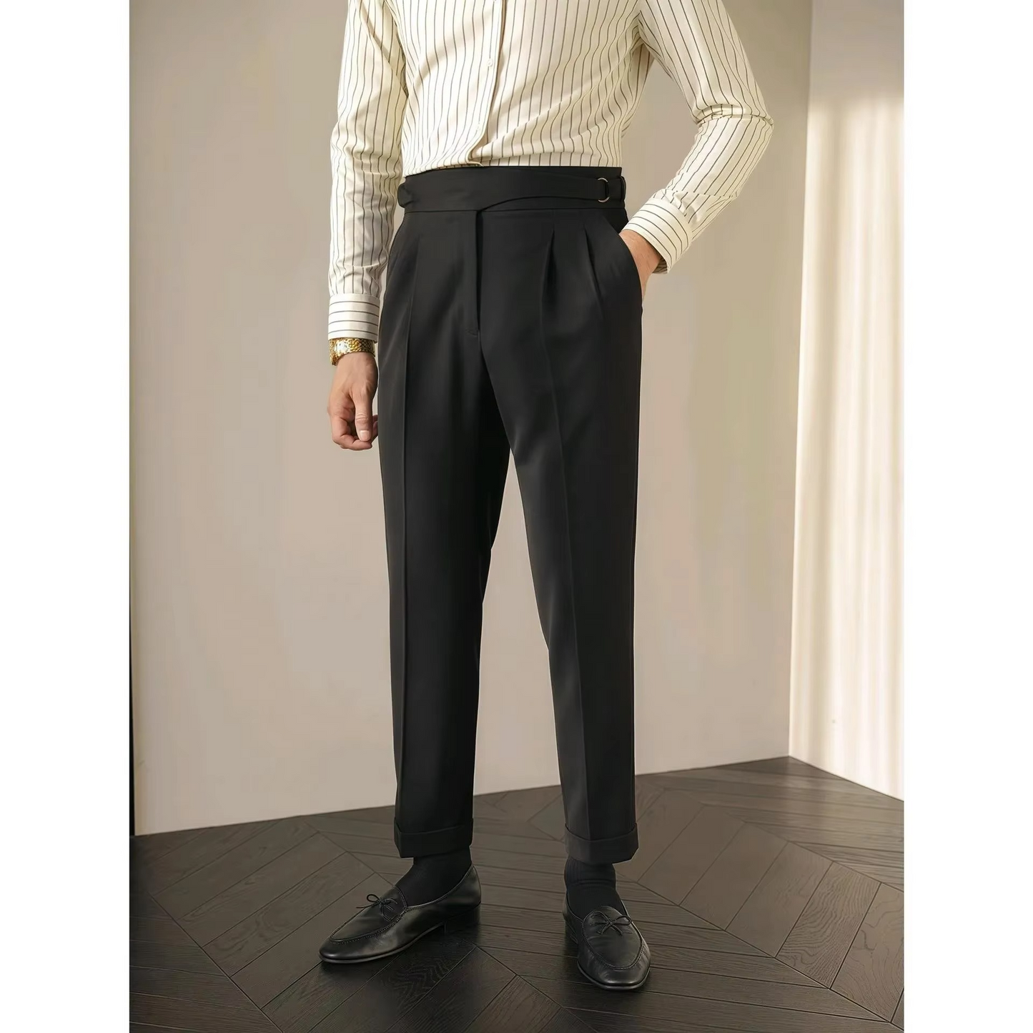 Paris Buckle Men's High Waist Slim Fit Trousers With Pleats Vintage British Business Casual