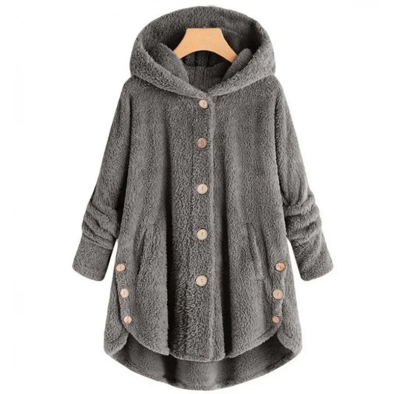 Women’s Fleece Jacket – Relaxed Fit – Hooded – Button Front – Plush Texture – Pockets