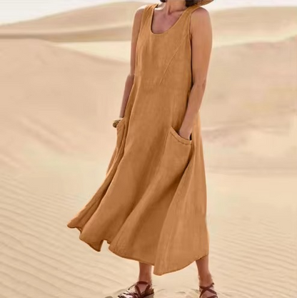 Women’s Cotton Linen Sleeveless Maxi Sundress with Pockets, Loose Fit Beachwear S-5XL