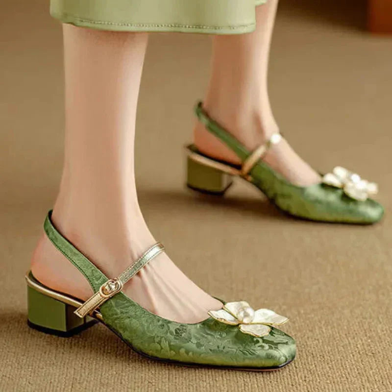 Women's Floral Slingback Pumps with Square Toe and Sturdy Heel