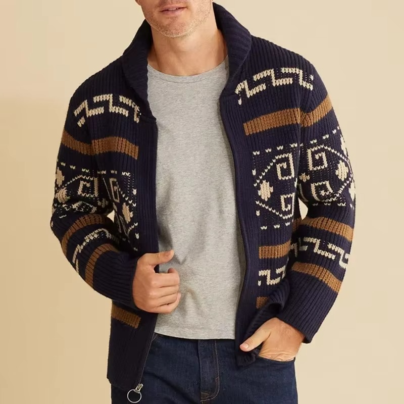 TrendAura Men's Vintage Jacquard Knit Shawl Collar Zipper Cardigan Warm Winter Layering For Everyday Wear