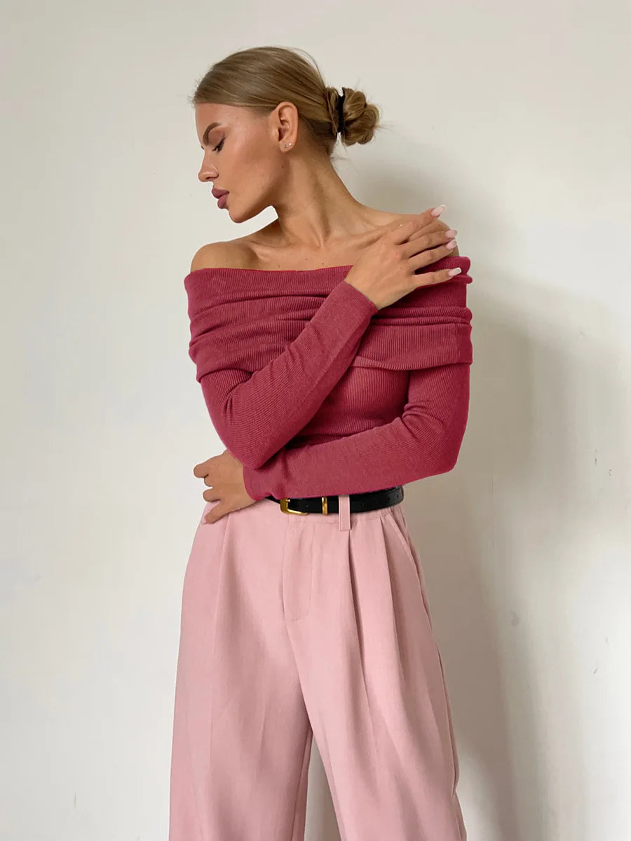 Women’s Off-Shoulder Sweatshirt – Ribbed Knit – Fitted Silhouette – Long Sleeve Top