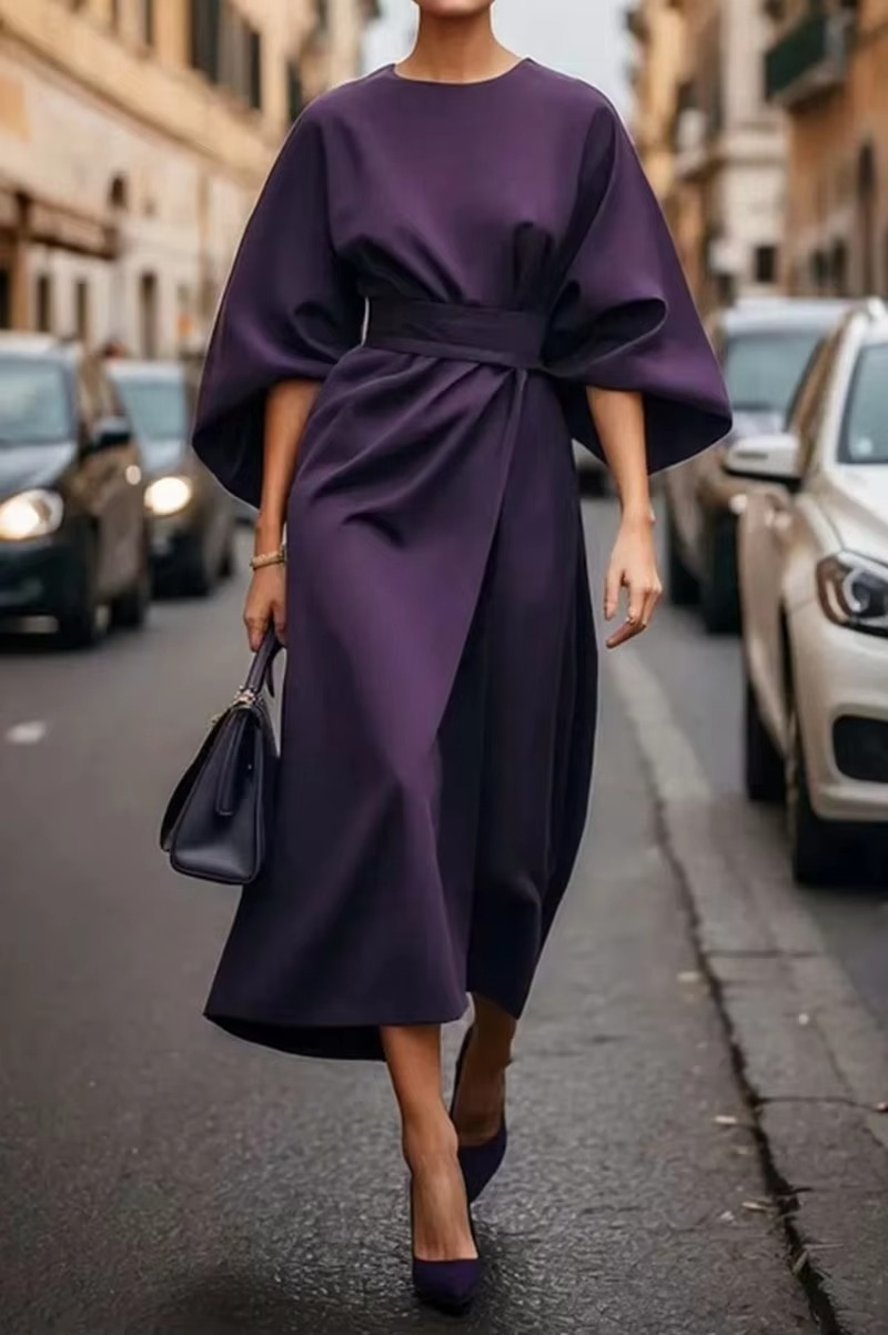 Elegant Solid Color Bat Sleeve Dress with Defined Waist