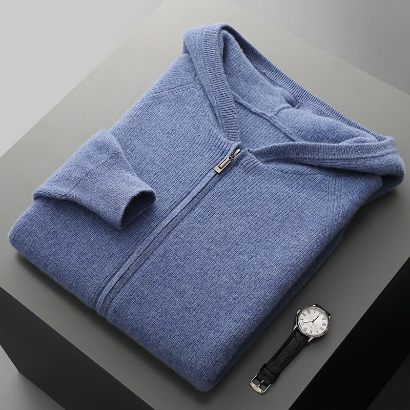 Renlow 100 Percent Wool Zip Up Hoodie For Men Thick Heavyweight Knit With Structured Hood