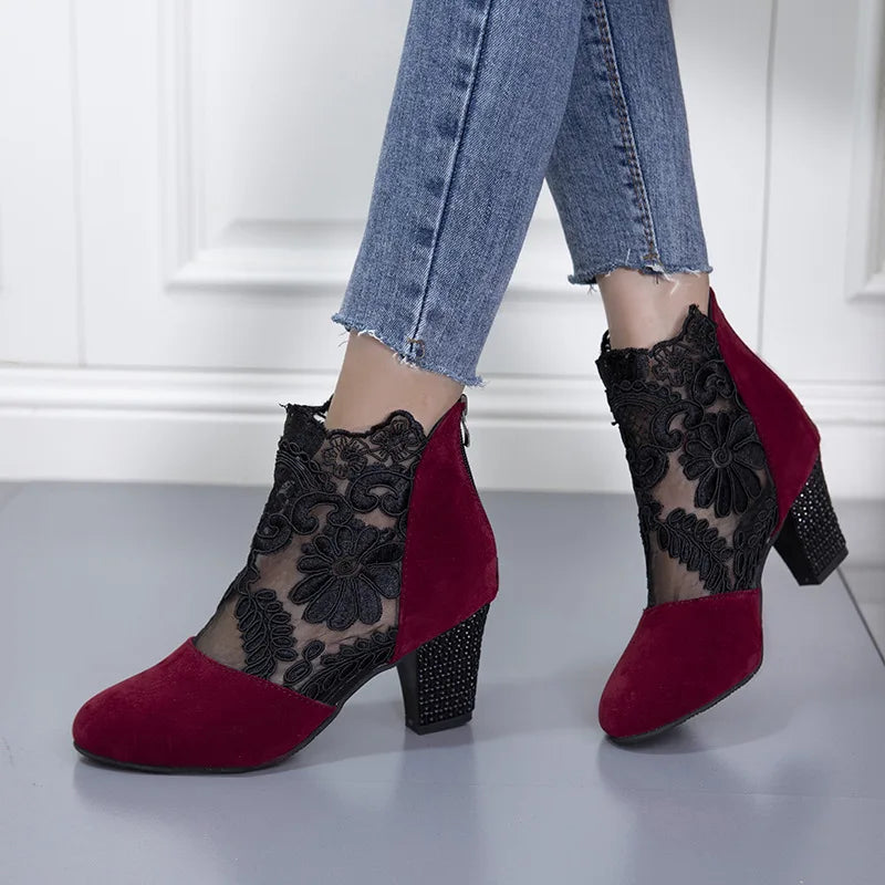 Women's High Heels with Lacy Design and Mesh Detail