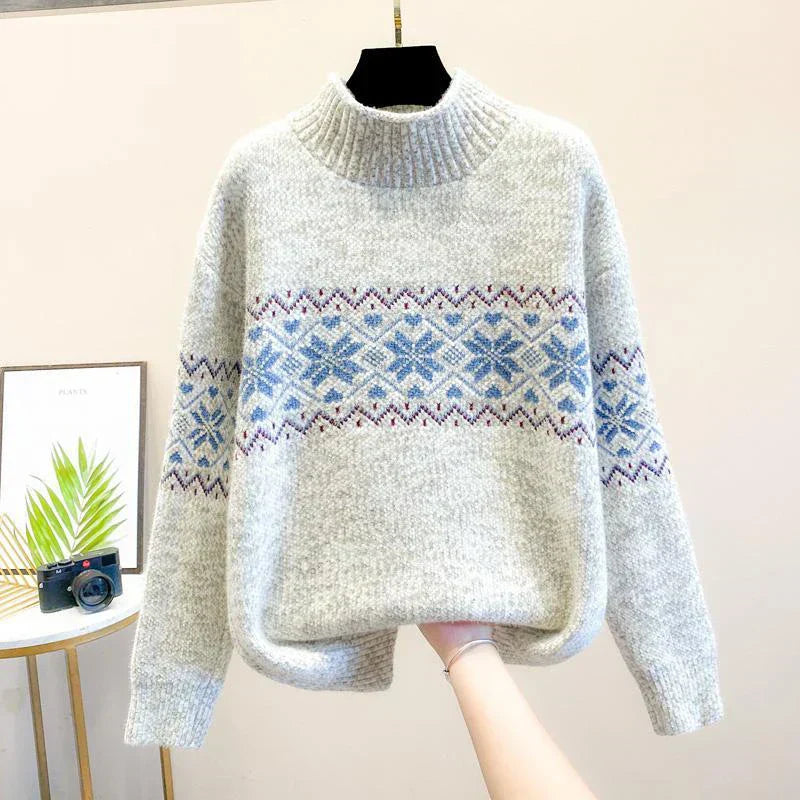 Women's Knit Sweater with Snowflake Pattern and Long Sleeves