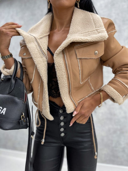 Women’s Cropped Jacket – Faux Leather – Shearling Lining – Slim Fit – Zip Closure