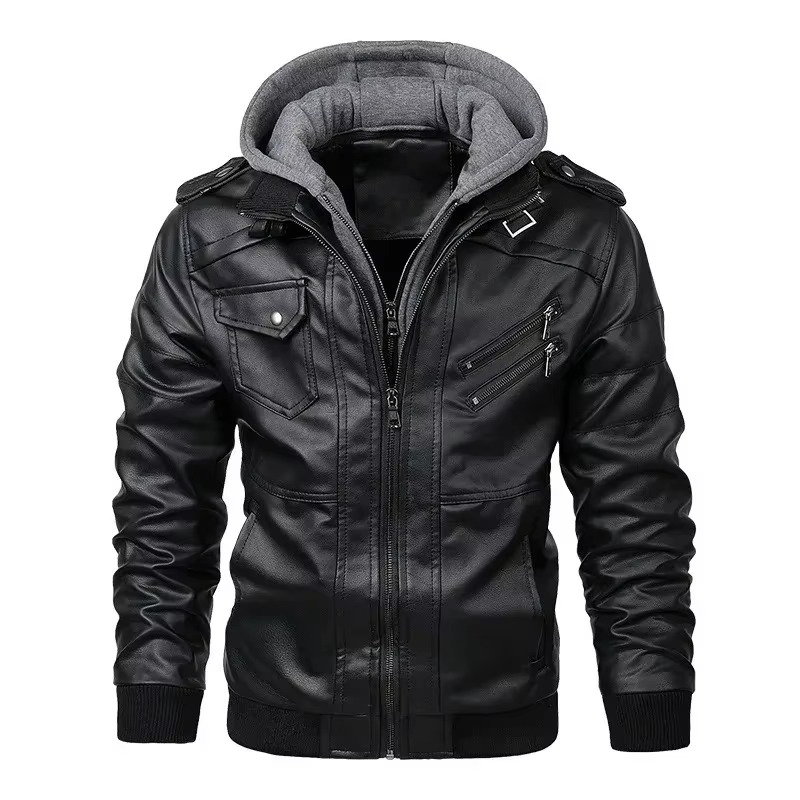 TrendAura Mens Hooded PU Leather Biker Jacket Zip Up Streetwear Coat For Spring And Fall