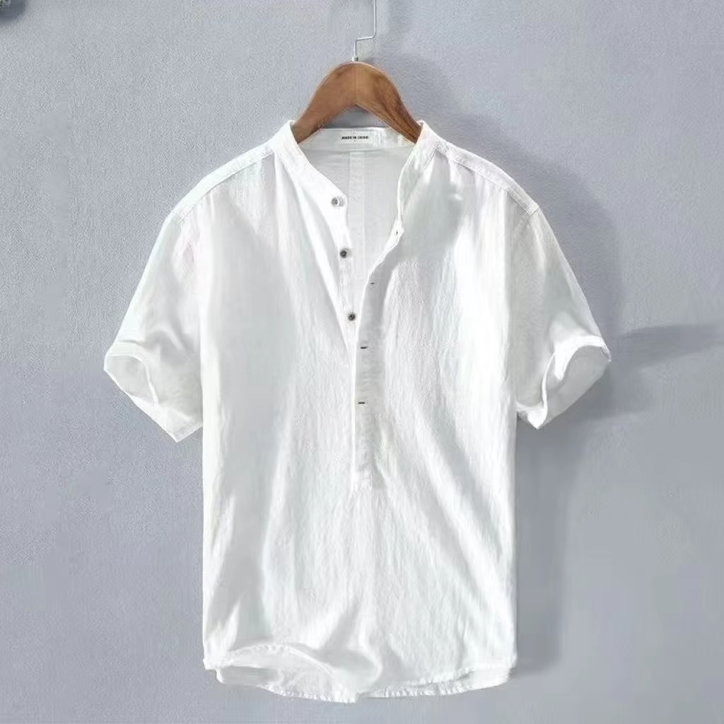 Men's Cotton Linen Short Sleeve Shirt Solid Color Casual Summer Beachwear Breathable Lightweight