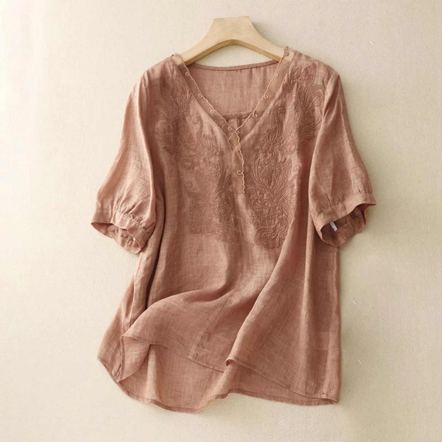 Vintage Cotton Linen V Neck Short Sleeve Summer Blouse for Women