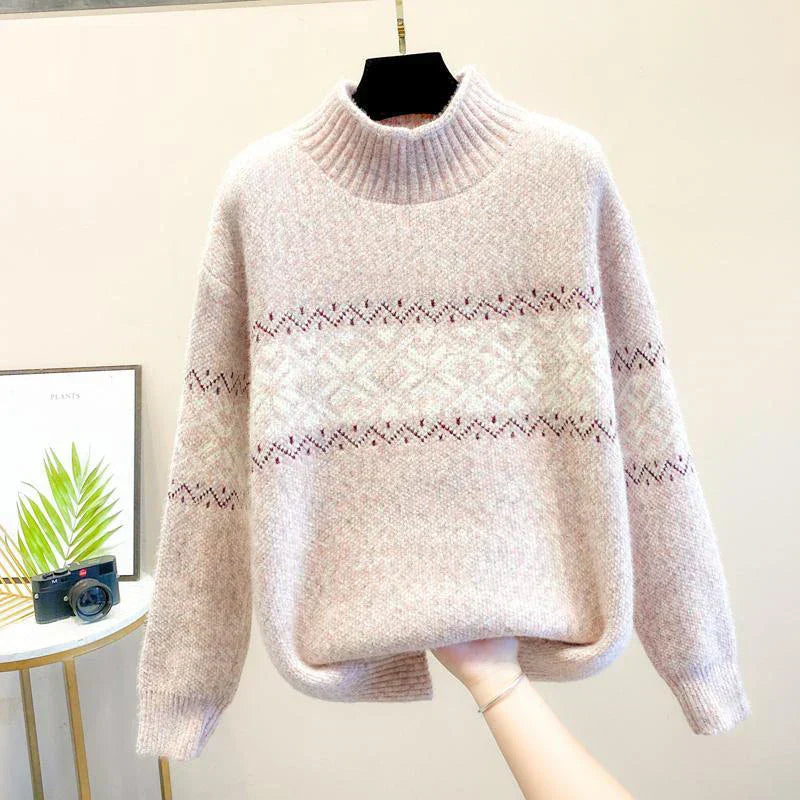Women's Knit Sweater with Snowflake Pattern and Soft Texture