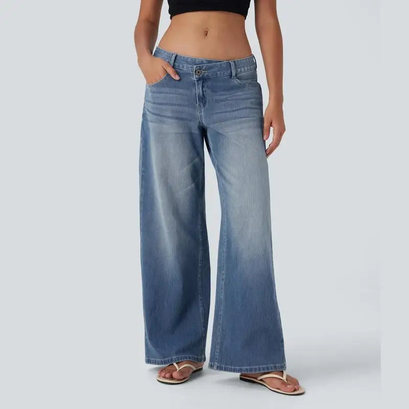 TrendAura Serenity Baggy Wide-Leg Jeans - Relaxed Comfort, Vintage Wash, Low Rise