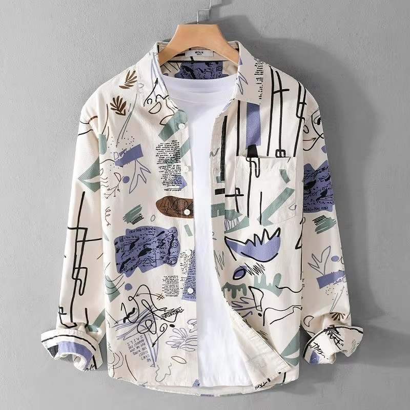 Vintage Graffiti Print Long Sleeve Shirt For Men With Turn Down Collar By TrendAura