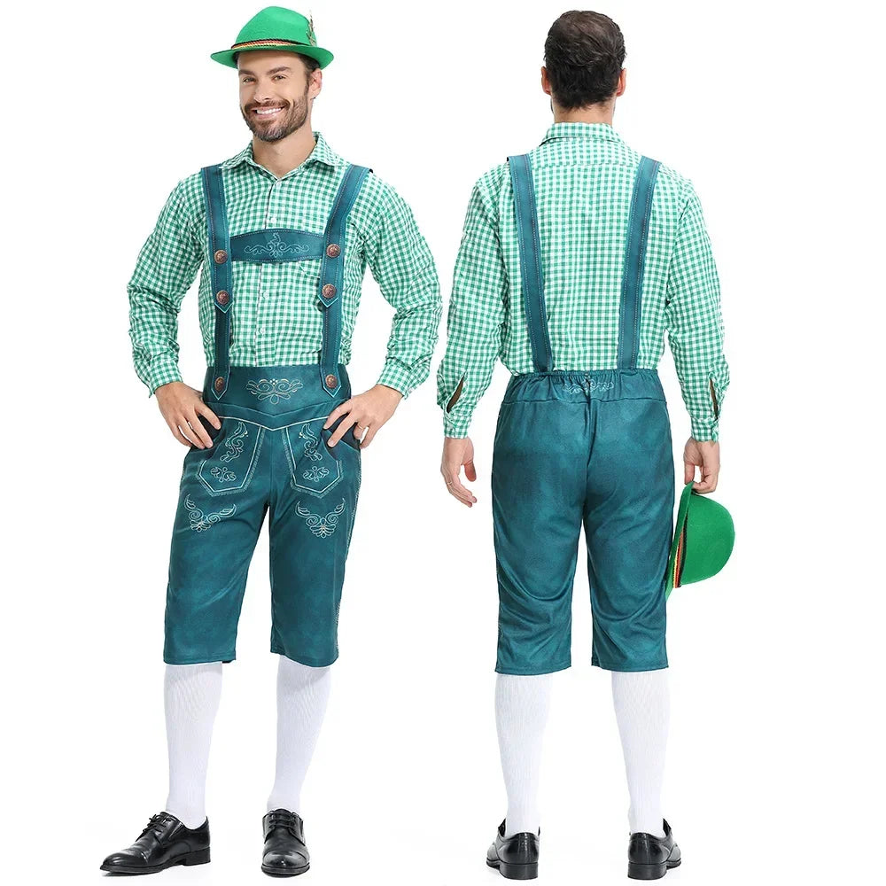 Mens Lederhosen Costume With Tailored Fit Embossed Detailing Embroidered Bib Knee Length