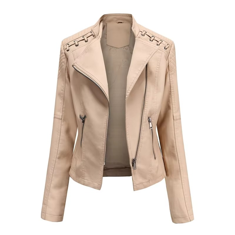Women's PU Leather Motorcycle Jacket – Short Slim Fit, Zipper-Up, 12 Colors