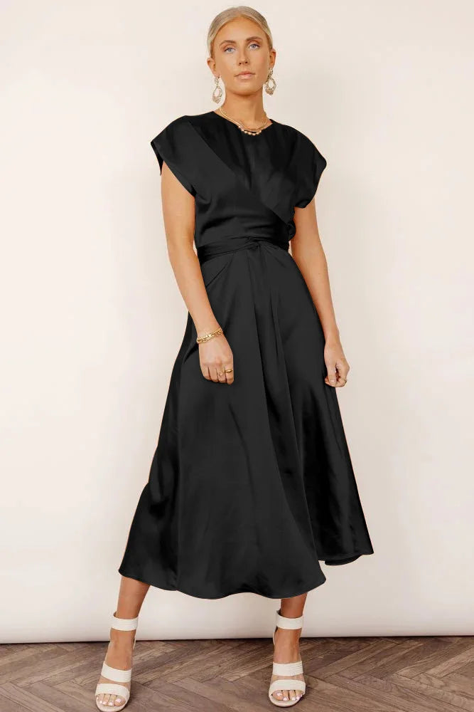 Women's Midi Dress - Satin Look - V-Neck Wrap Design - Elegant A-Line Fit