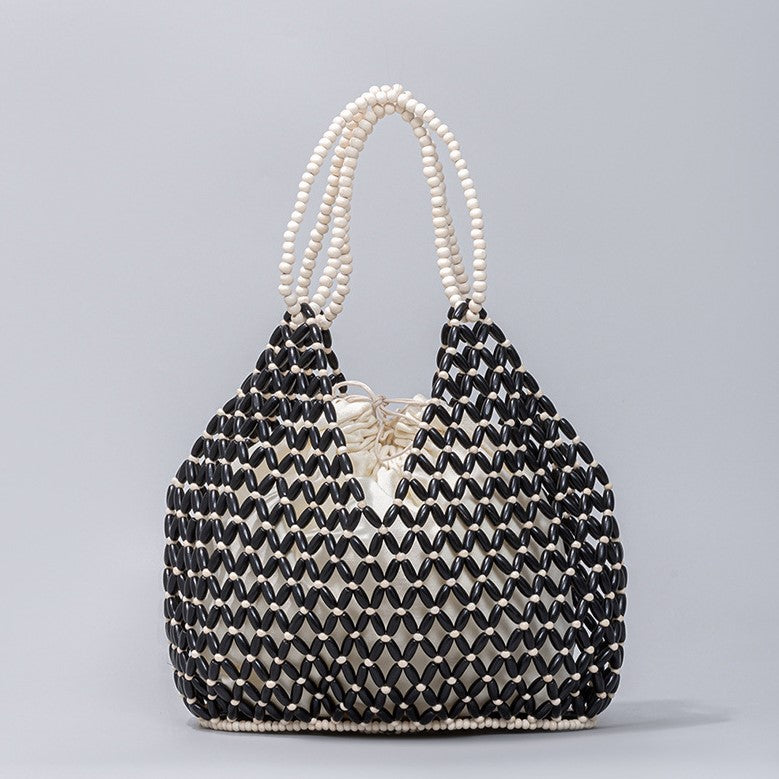 TrendAura Ava Woven Handbag Handcrafted Natural Wooden Bead Pattern For Summer Style