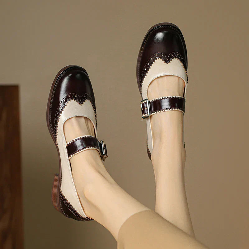 Women's Brogue T-Strap Shoes with Two-Tone Design and Classic Style
