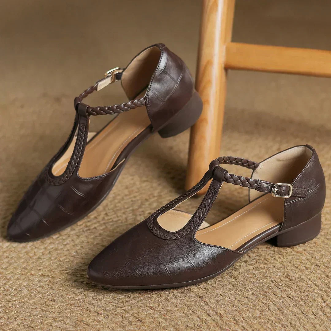 Women's T-Strap Pointed Toe Flats with Adjustable Strap and Durable Sole