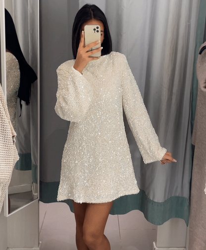 Women's Mini Dress - Sequins - Open Back with Bow - Long-Sleeved Party Dress