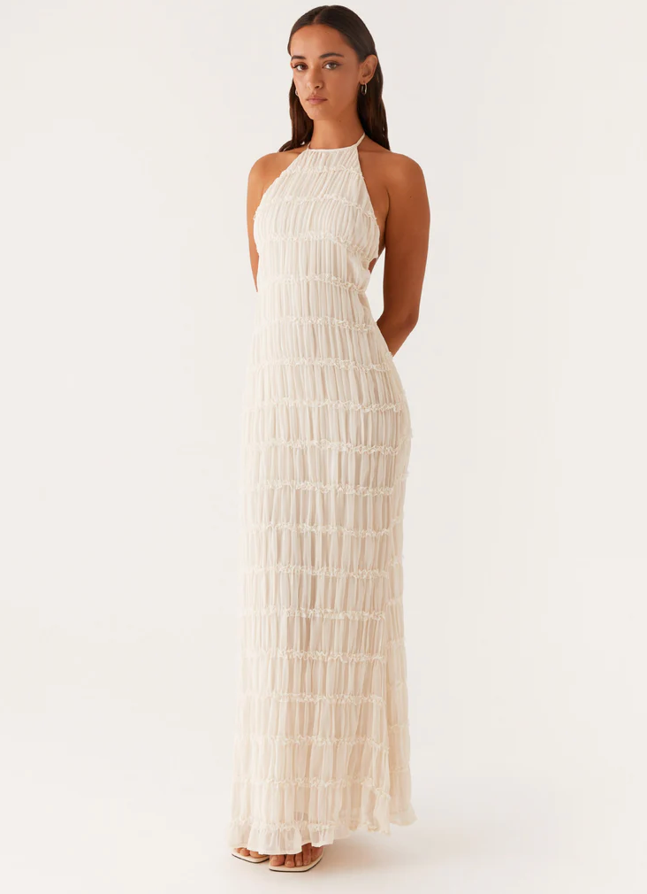 Women's Halter Maxi Dress with Flowing Skirt and Adjustable Neckline - TrendAura
