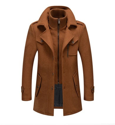 Men's Wool Blend Trench Coat With Double Breasted Front, High Collar, Zipper And Button Closure, Winter Outerwear