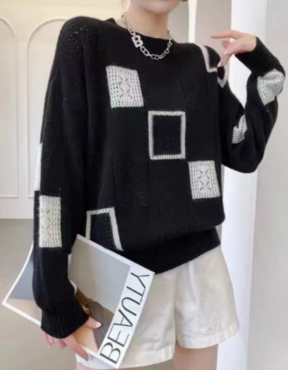Women's Knit Sweater with Patchwork Design and Long Sleeves