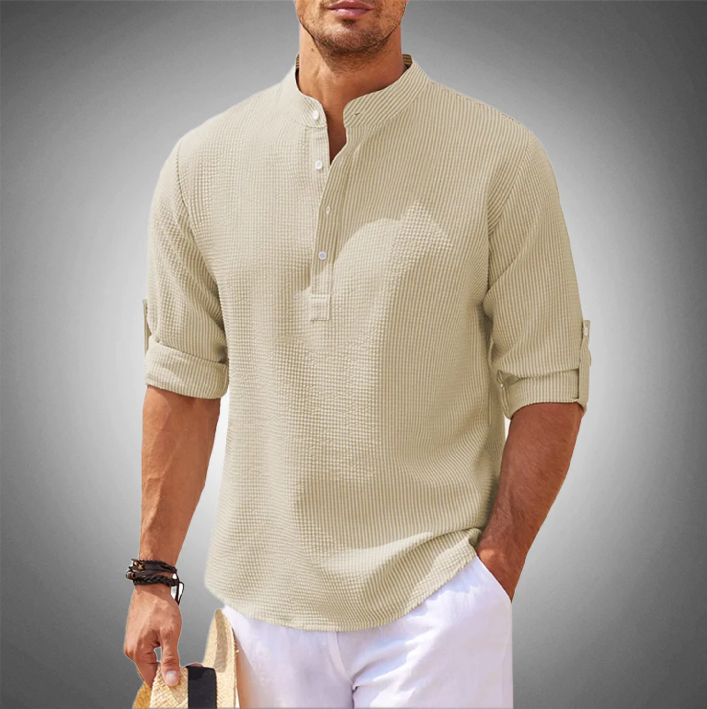 Mens Mandarin Collar Shirt With Half Button Closure Relaxed Fit Long Sleeve Casual Everyday Wear