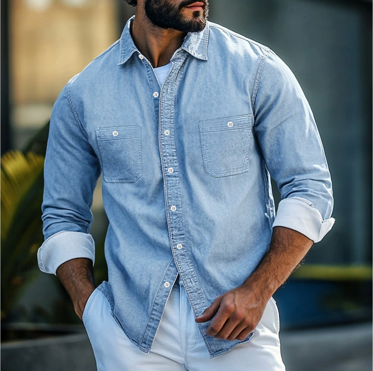 TrendAura Men's Denim Shirt Regular Fit Long Sleeve Button Down With Chest Pockets Navy