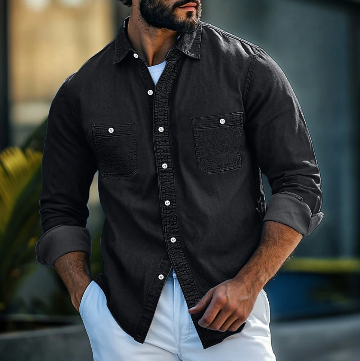 TrendAura Men's Denim Shirt Regular Fit Long Sleeve Button Down With Chest Pockets Navy