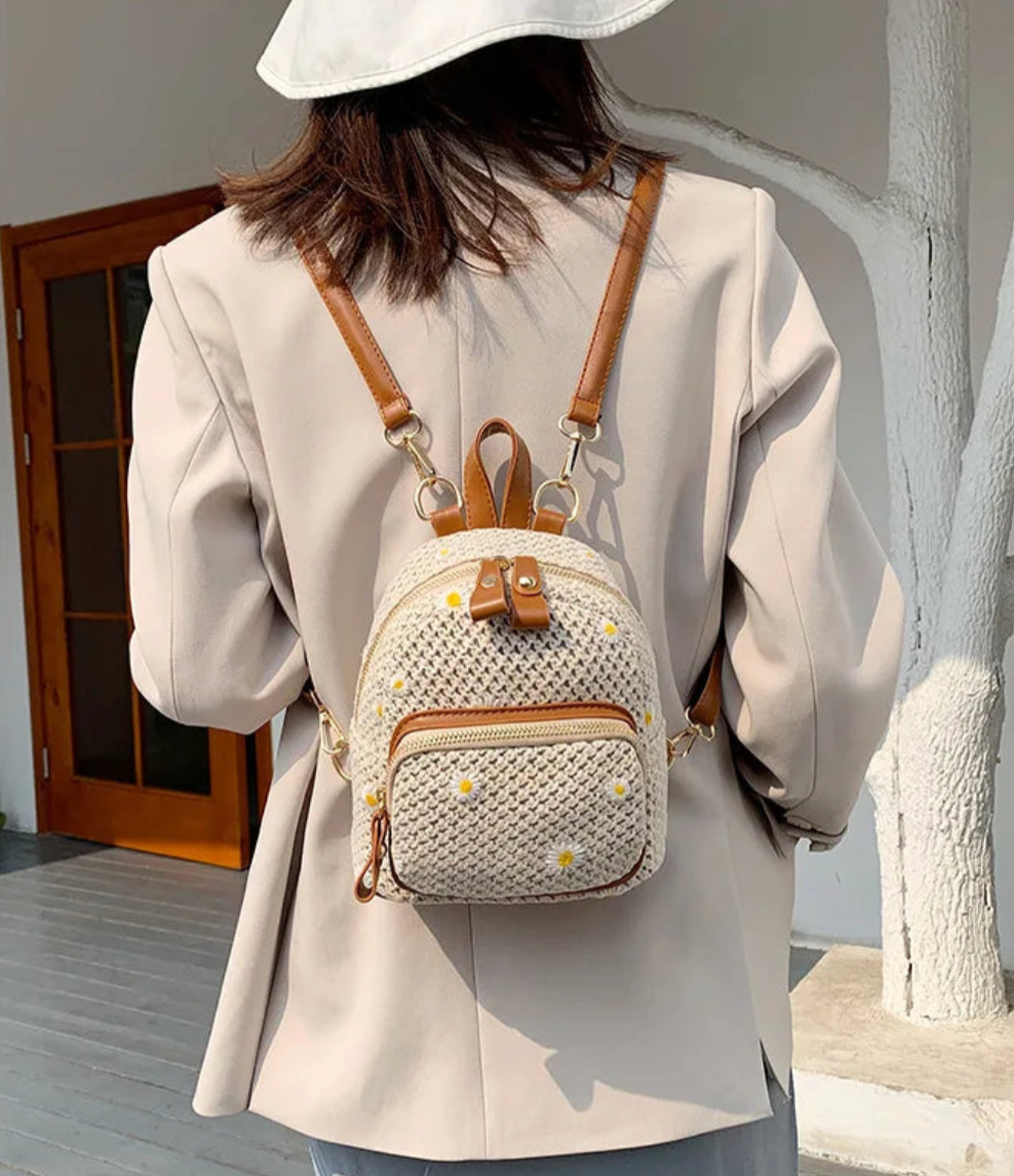 TrendAura Petite Floré Embroidered Student Bag - Handwoven Straw Texture With Daisy Floral Accents, Compact And Light