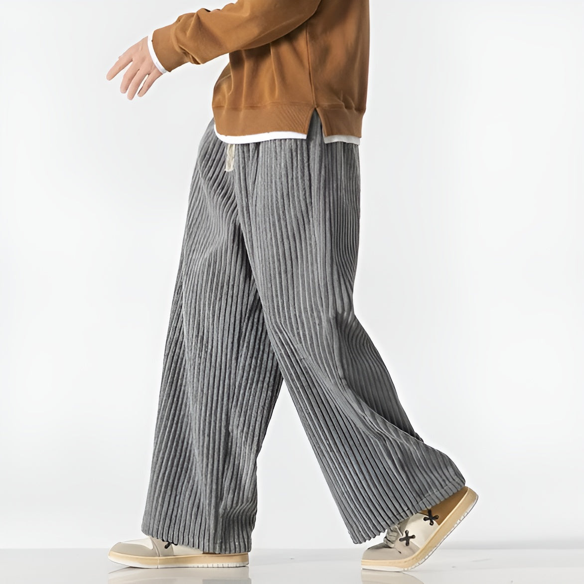 TrendAura Drift Relaxed Corduroy Pants - Densely Ribbed Texture For Depth And Elastic Drawstring Waist
