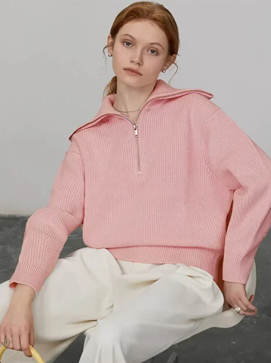 Women’s Pullover Sweater – Wool Knit – Relaxed Fit – High Zip Collar – Ribbed Trim