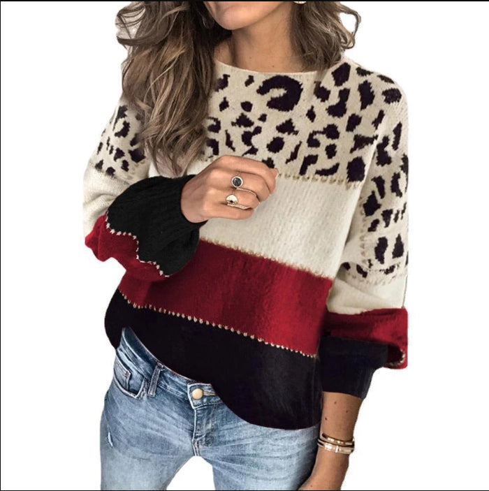 Women’s Knitted Sweater – Relaxed Fit – Wool Blend – Animal Print Stripes – Long Sleeve