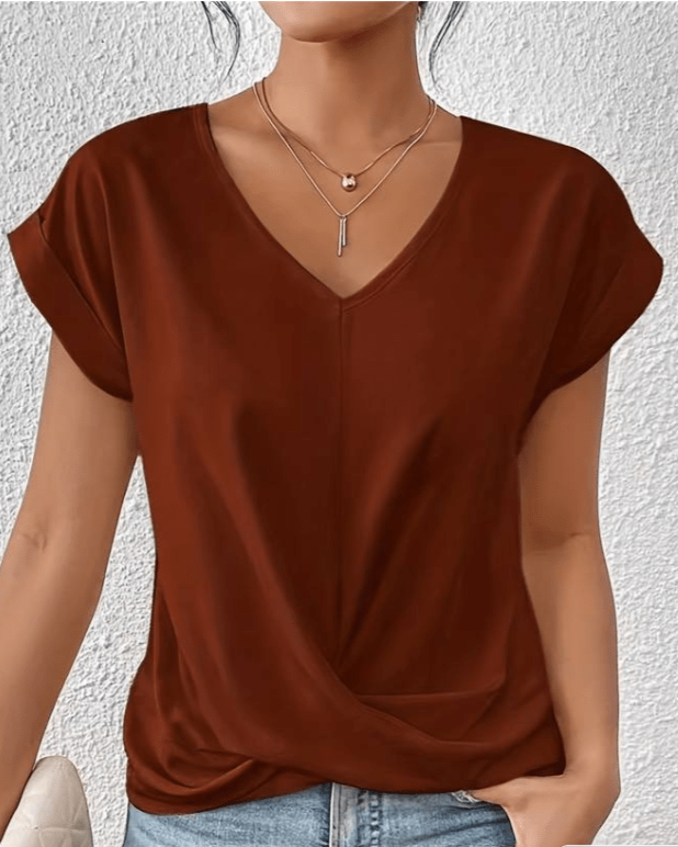 Women's Short Sleeve V-Neck Top with Twist Front and Relaxed Fit