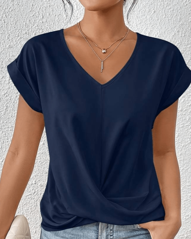 Women's Short Sleeve V-Neck Top with Twist Front and Relaxed Fit