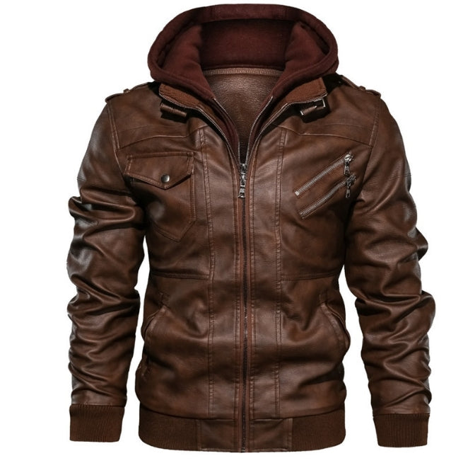 Men's Leather Jacket Slim Fit Hooded Zipper Front Epaulettes Detachable Hood Ribbed Trim