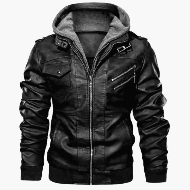 Men's Leather Jacket Slim Fit Hooded Zipper Front Epaulettes Detachable Hood Ribbed Trim